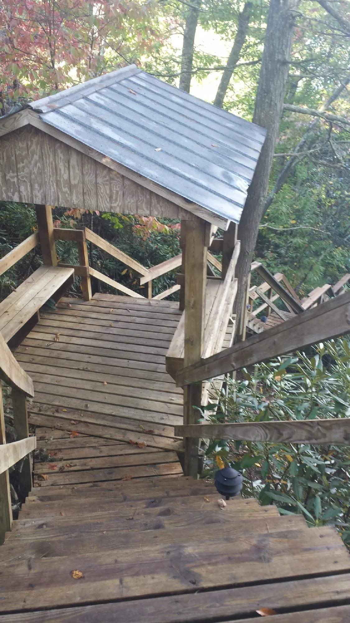 Metal roofed shelter over wooden steps on a wooded walkway — Skylight Repair & Installation work by our crew in Folkston